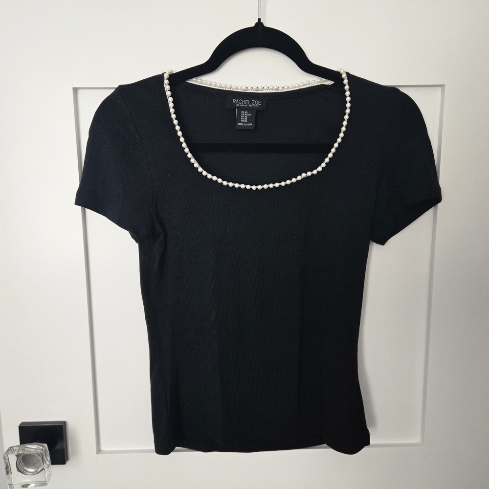 Rachel Zoe Size XS Black Pearl-Trimmed Short Sleeved Ribbed Women's Top